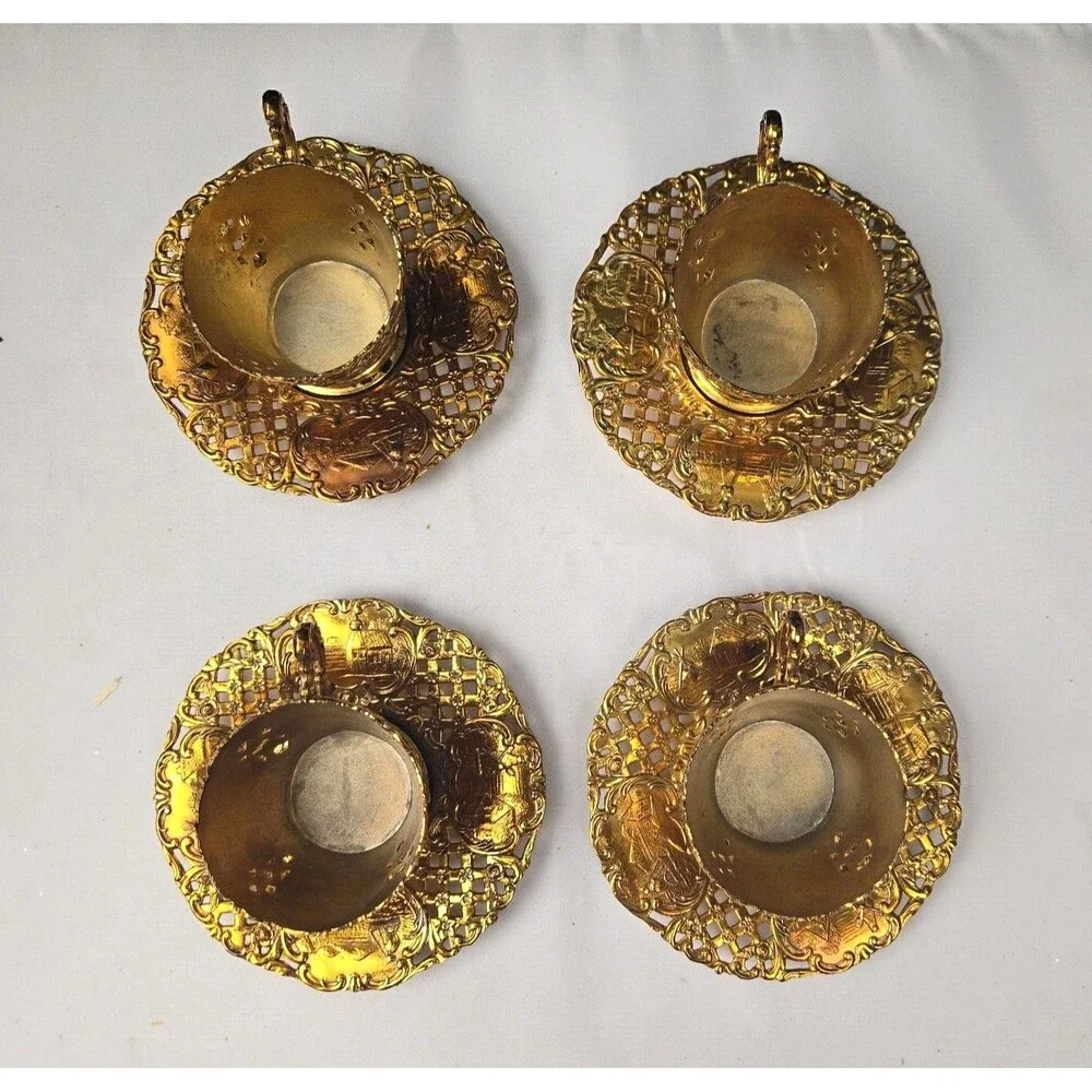 Gold Brass Gilded Plated Metal Demitasse Tea Set Cup Holder & Saucer Set of 4 - Picture 9 of 13